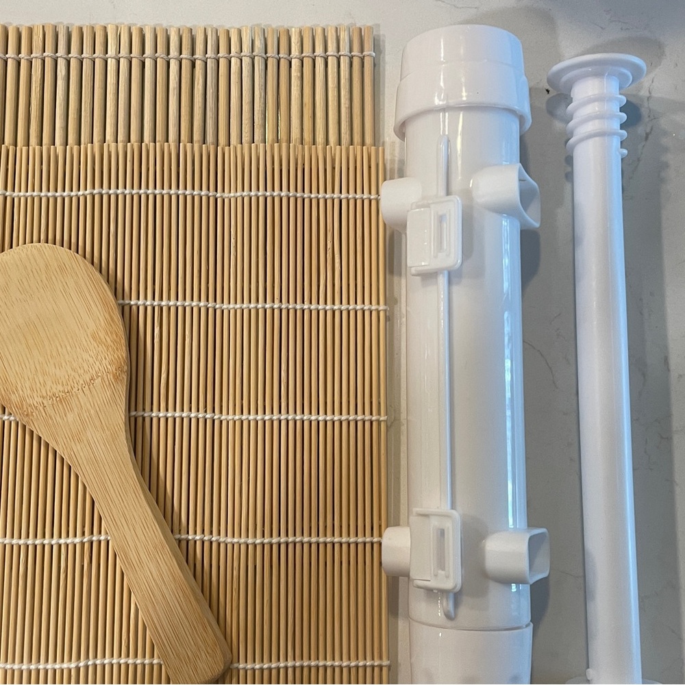 Bamboo Sushi Rolling Mat and White Kitchen Tools